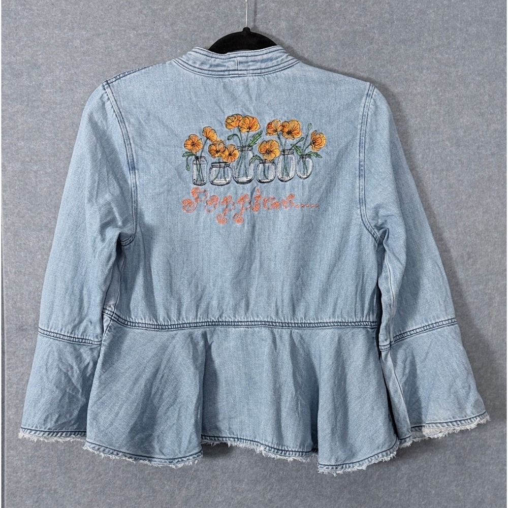 Tommy Bahama Denim Peplum Jacket Sm Embroidered Poppies Bell Sleeve Boho Coastal - Picture 3 of 6